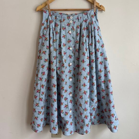Counterparts Dresses & Skirts - 80's 90's Vintage Midi Length Baby Blue Pink Floral Button Cottage Core Skirt M